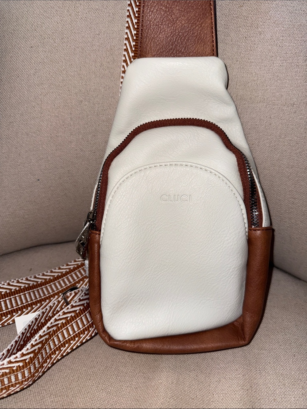 Cluci Cream and Brown Crossbody Sling Bag - Picture 4 of 13